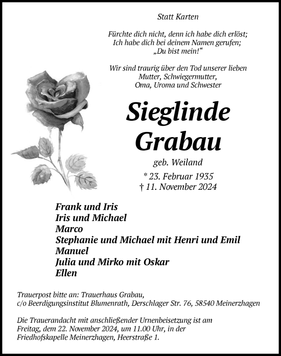 Traueranzeige von Sieglinde Grabau von WA