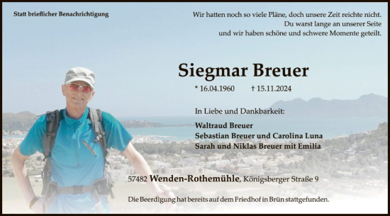 Traueranzeige von Siegmar Breuer von WA