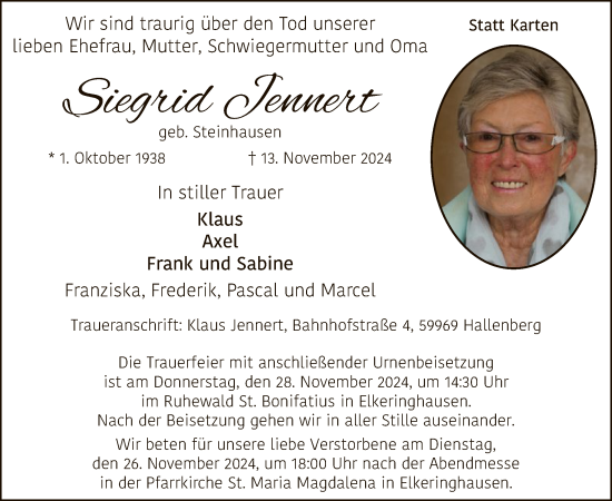 Traueranzeige von Siegrid Jennert von WA