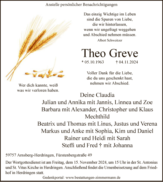 Traueranzeige von Theo Greve von WA