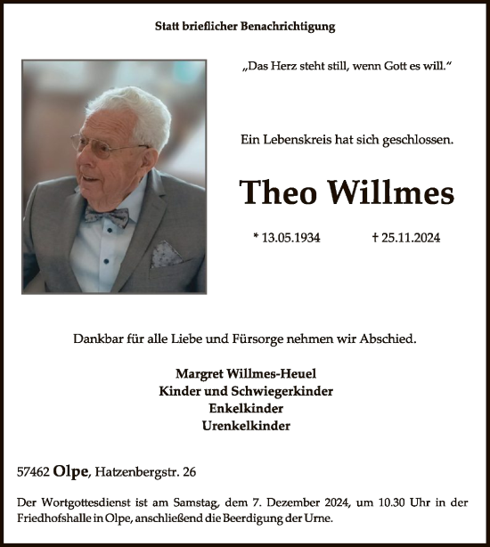 Traueranzeige von Theo Willmes von WA
