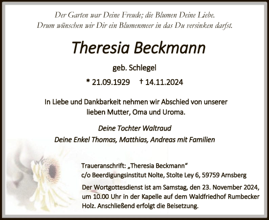 Traueranzeige von Theresia Beckmann von WA