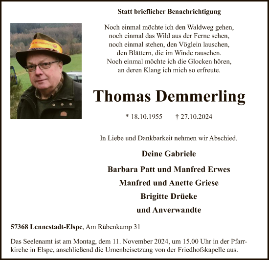 Traueranzeige von Thomas Demmerling von WA