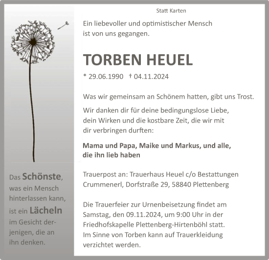 Traueranzeige von Torben Heuel von WA