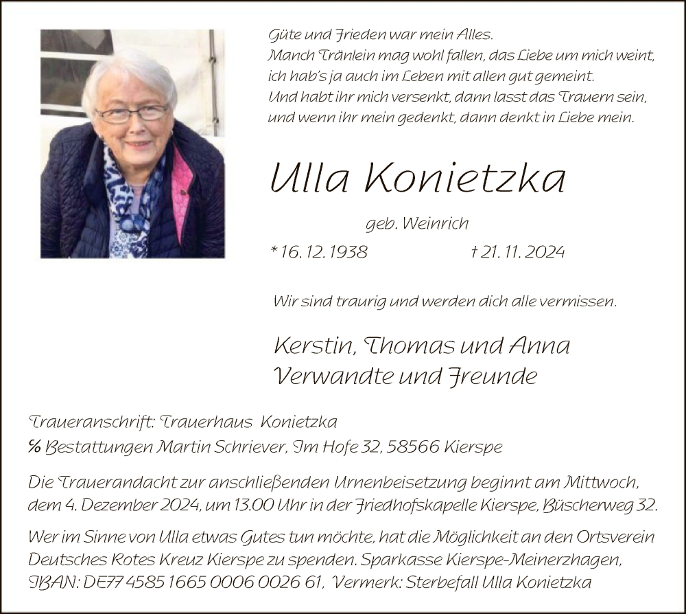  Traueranzeige für Ulla Konietzka vom 30.11.2024 aus WA