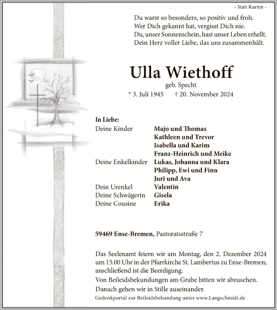Traueranzeige von Ulla Wiethoff von WA