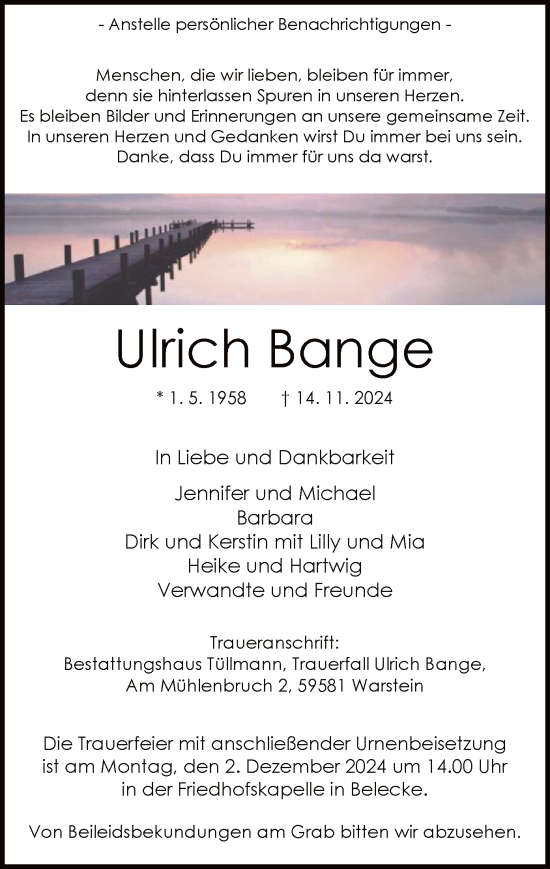 Traueranzeige von Ulrich Bange von WA