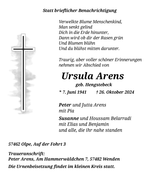 Traueranzeige von Ursula Arens von WA