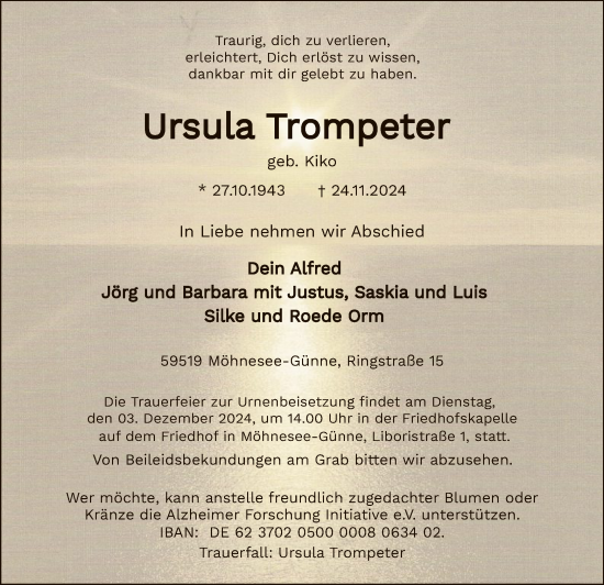 Traueranzeige von Ursula Trompeter von WA