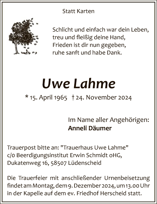 Traueranzeige von Uwe Lahme von WA