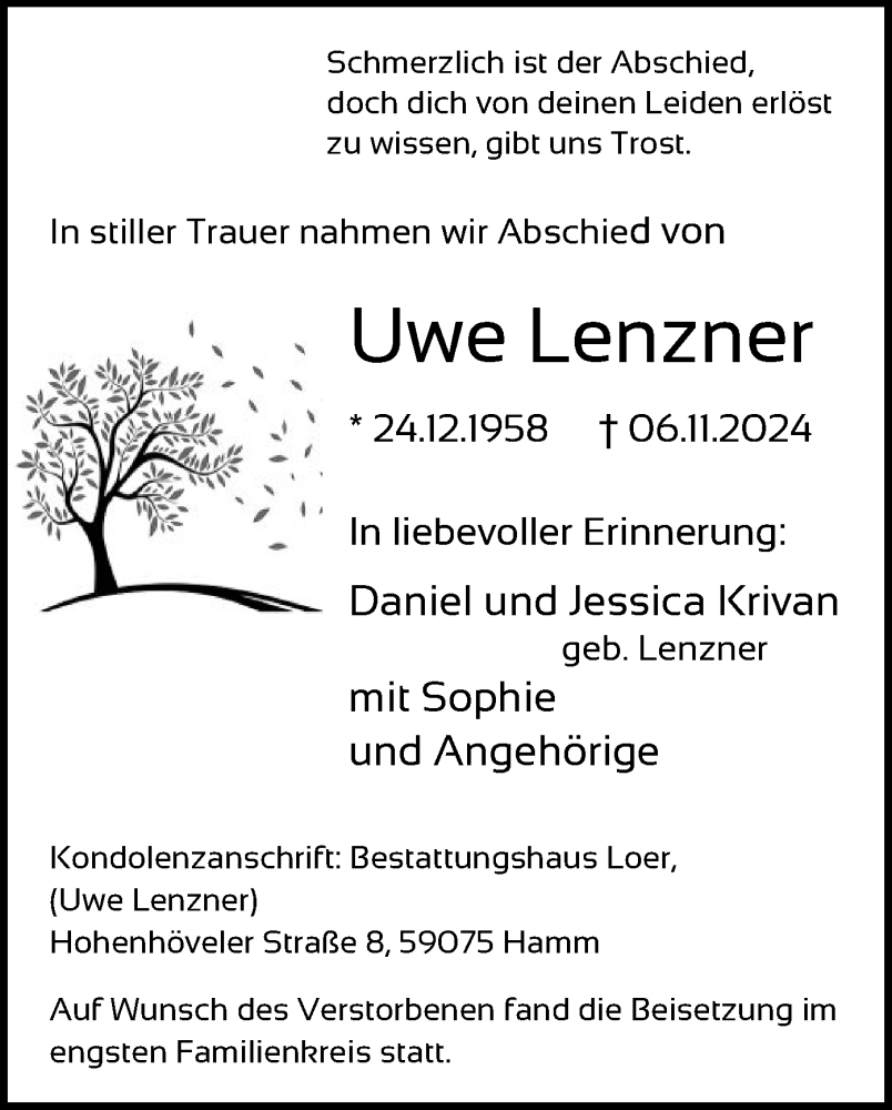  Traueranzeige für Uwe Lenzner vom 16.11.2024 aus WA