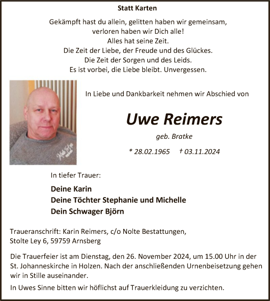 Traueranzeige von Uwe Reimers von WA