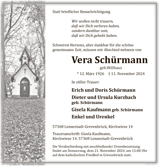Traueranzeige von Vera Schürmann von WA