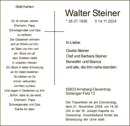 Traueranzeige von Walter Steiner von WA