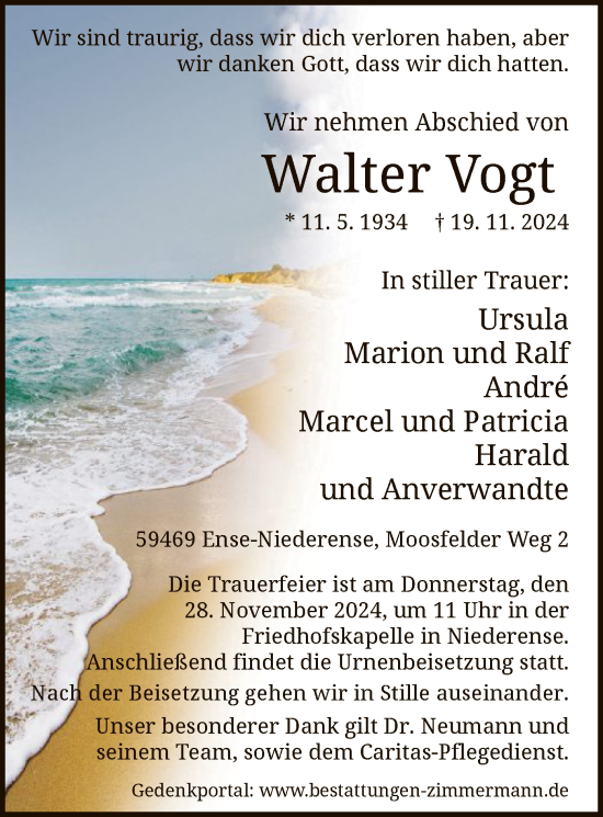 Traueranzeige von Walter Vogt von WA