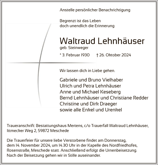 Traueranzeige von Waltraud Lehnhäuser von WAWA