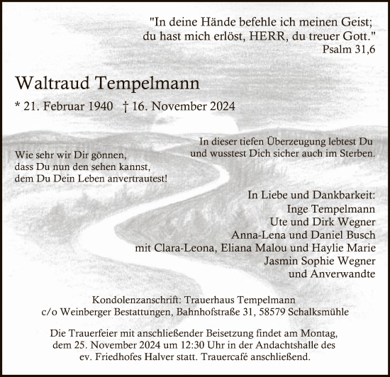 Traueranzeige von Waltraud Tempelmann von WA