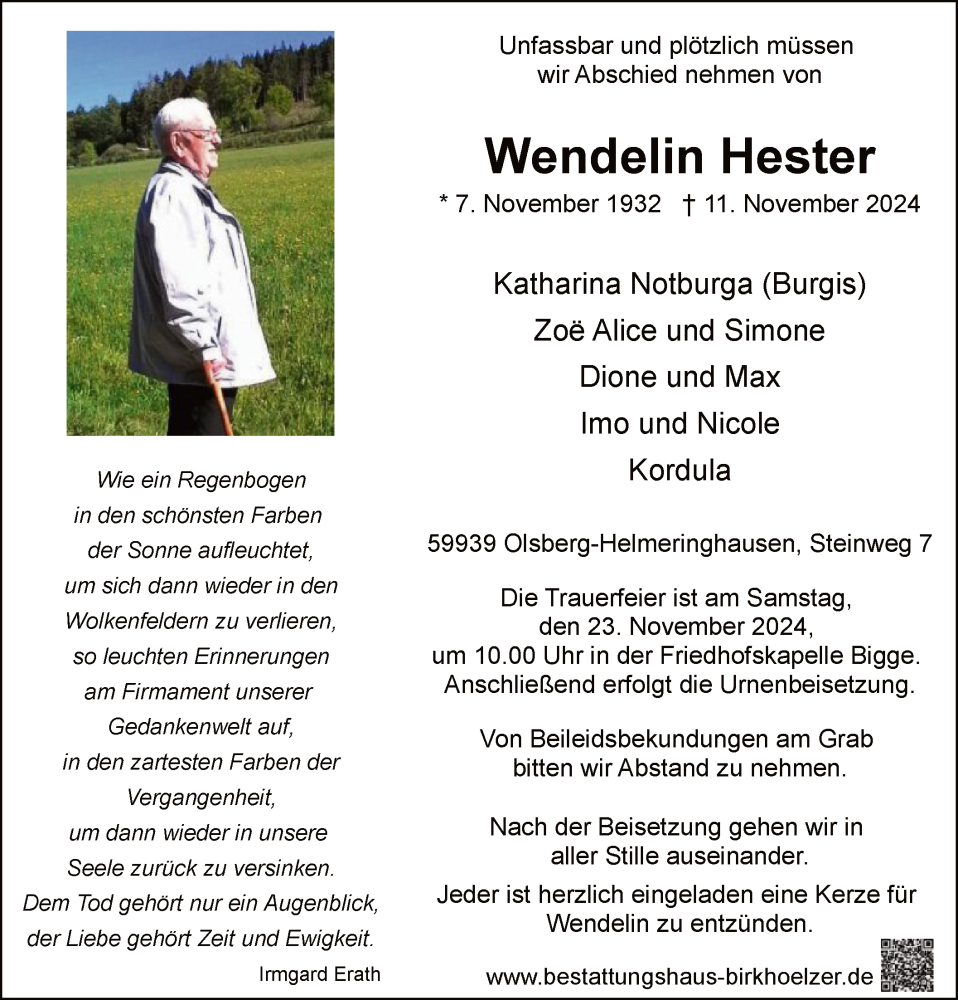  Traueranzeige für Wendelin Hester vom 16.11.2024 aus WA