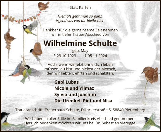 Traueranzeige von Wilhelmine Schulte von WA