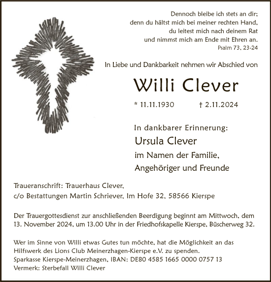 Traueranzeige von Willi Clever von WA