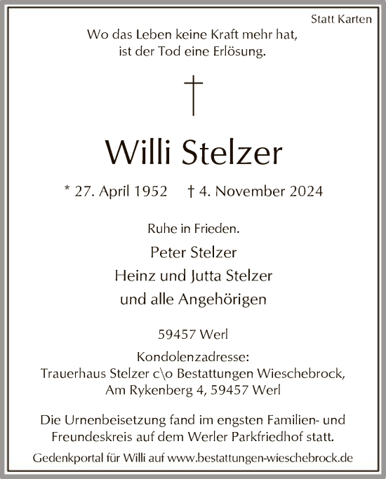Traueranzeige von Willi Stelzer von WA