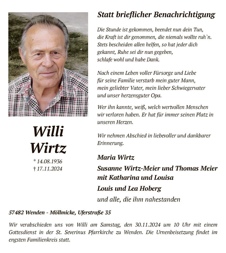 Traueranzeige für Willi Wirtz vom 23.11.2024 aus WA