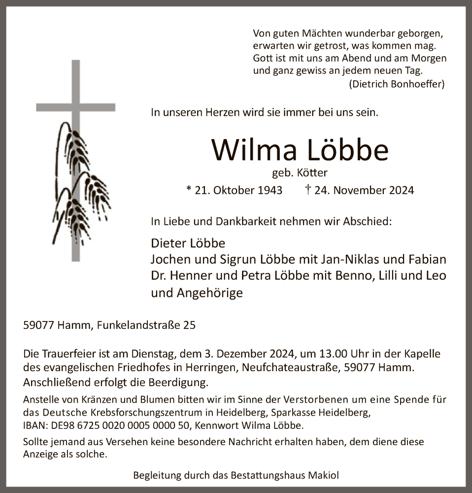  Traueranzeige für Wilma Löbbe vom 30.11.2024 aus WA