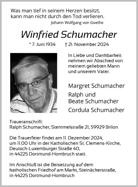 Traueranzeige von Winfried Schumacher von WA