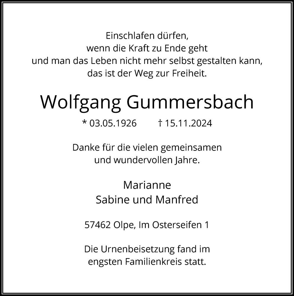  Traueranzeige für Wolfgang Gummersbach vom 23.11.2024 aus WA