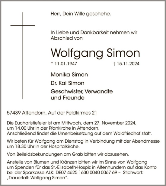 Traueranzeige von Wolfgang Simon von WA