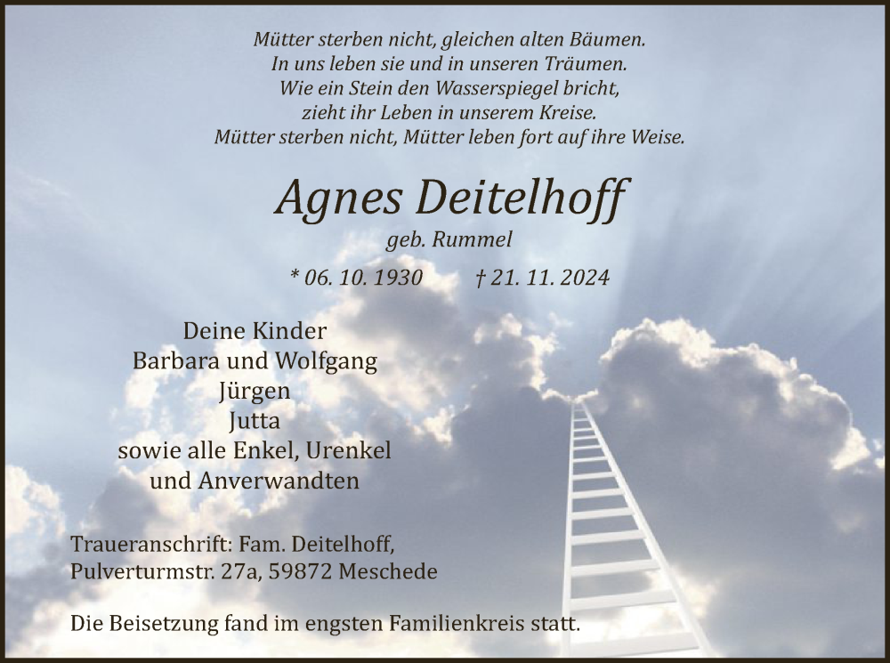  Traueranzeige für Agnes Deitelhoff vom 14.12.2024 aus WA