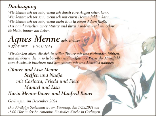 Traueranzeige von Agnes Menne von WA