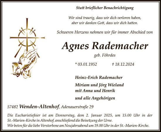 Traueranzeige von Agnes Rademacher von WA