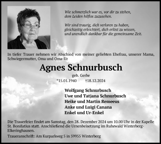 Traueranzeige von Agnes Schnurbusch von WA