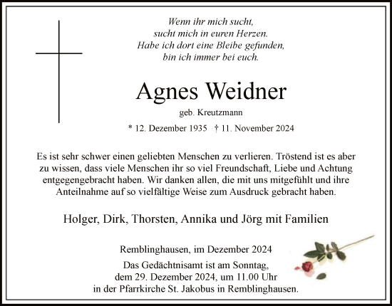 Traueranzeige von Agnes Weidner von WA