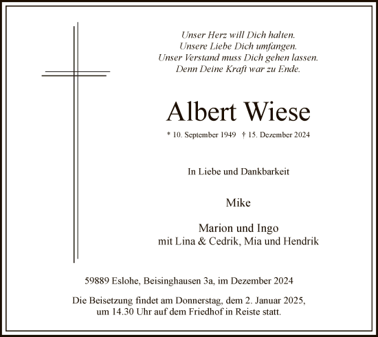 Traueranzeige von Albert Wiese von WA