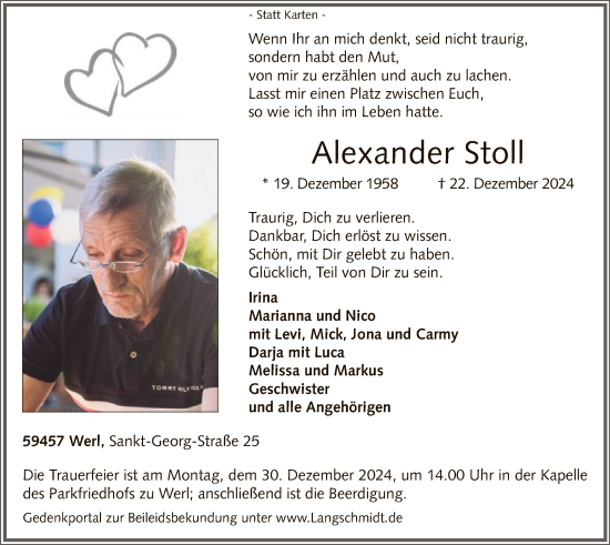 Traueranzeige von Alexander Stoll von WA