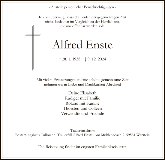 Traueranzeige von Alfred Enste von WA