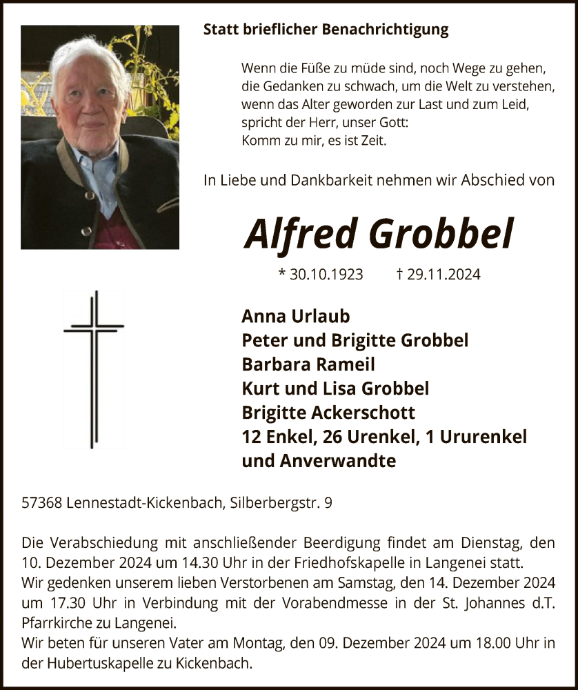  Traueranzeige für Alfred Grobbel vom 07.12.2024 aus WA
