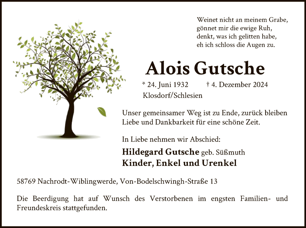  Traueranzeige für Alois Gutsche vom 14.12.2024 aus WA