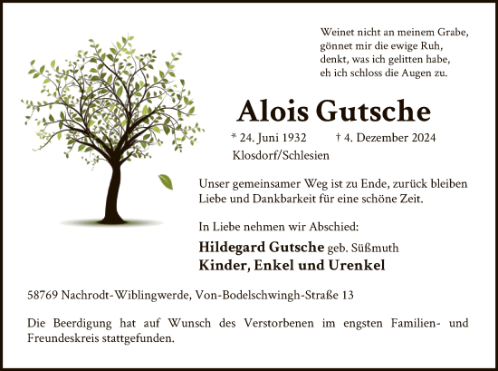Traueranzeige von Alois Gutsche von WA