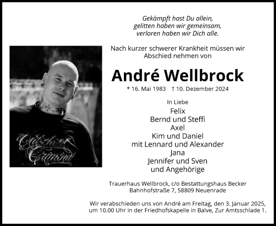 Traueranzeige von Andre Wellbrock von WA