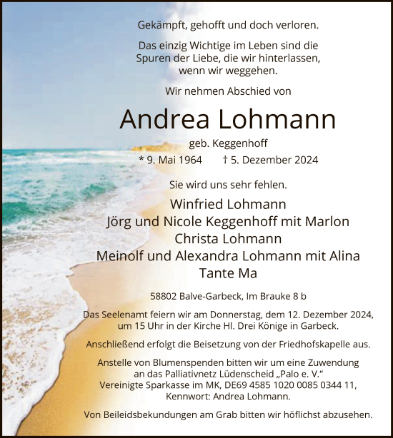 Traueranzeige von Andrea Lohmann von WA