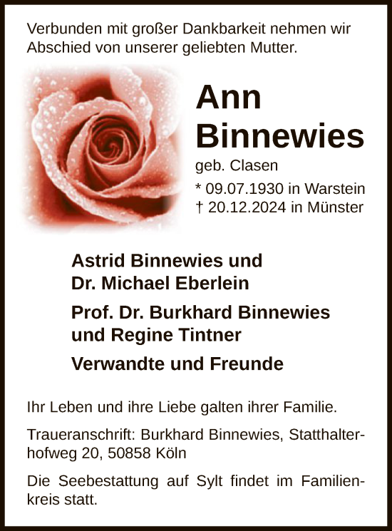 Traueranzeige von Ann Binnewies von WA