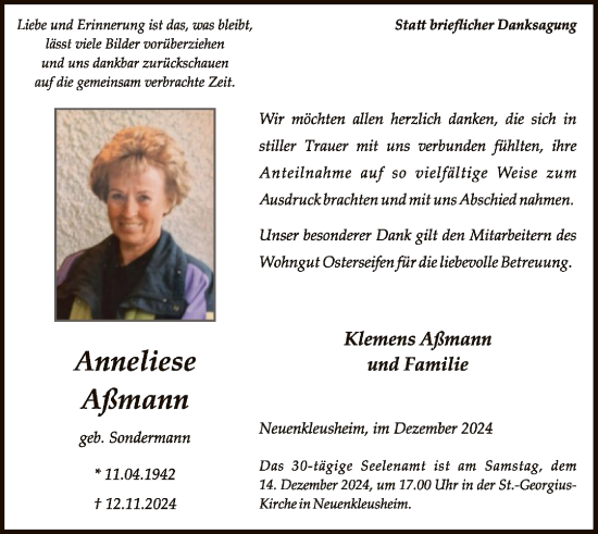 Traueranzeige von Anneliese Aßmann von WA