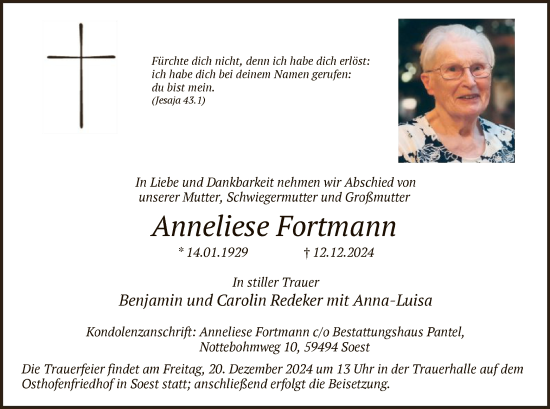 Traueranzeige von Anneliese Fortmann von WA