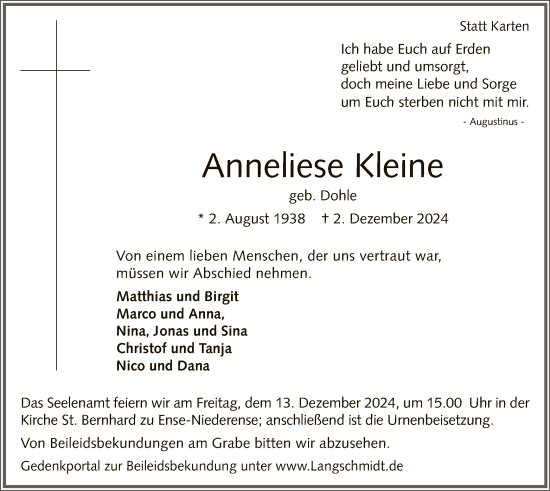 Traueranzeige von Anneliese Kleine von WA