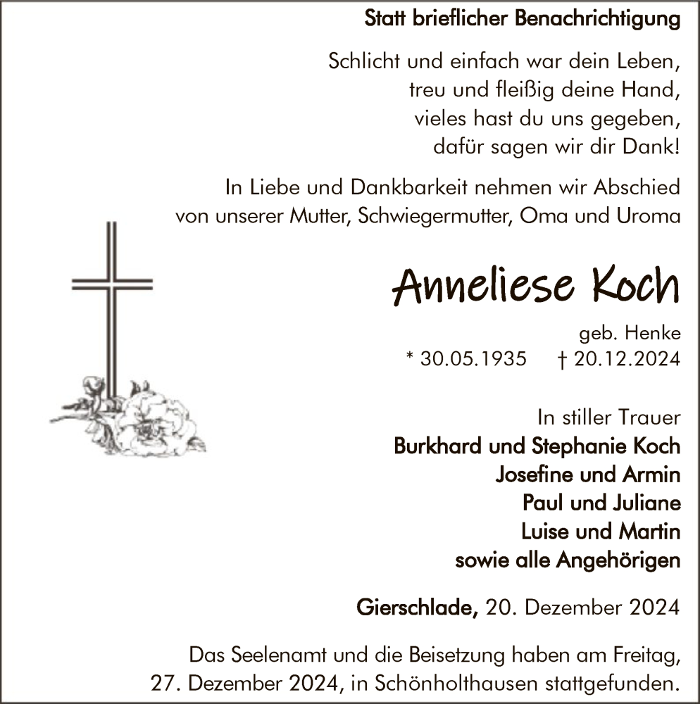  Traueranzeige für Anneliese Koch vom 28.12.2024 aus WA