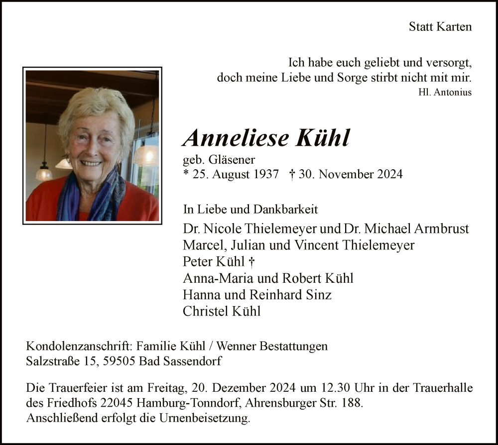  Traueranzeige für Anneliese Kühl vom 07.12.2024 aus WA