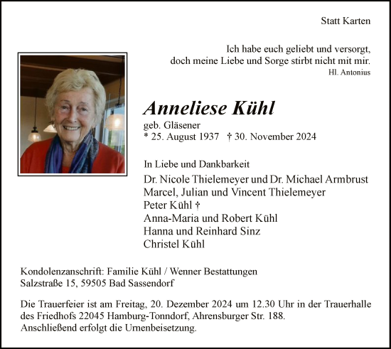 Traueranzeige von Anneliese Kühl von WA